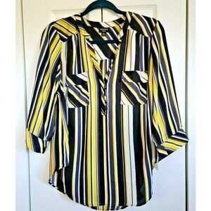 Torrid Harper Women's Size 00 Black Yellow Striped Blouse 3/4‎ Sleeve EUC